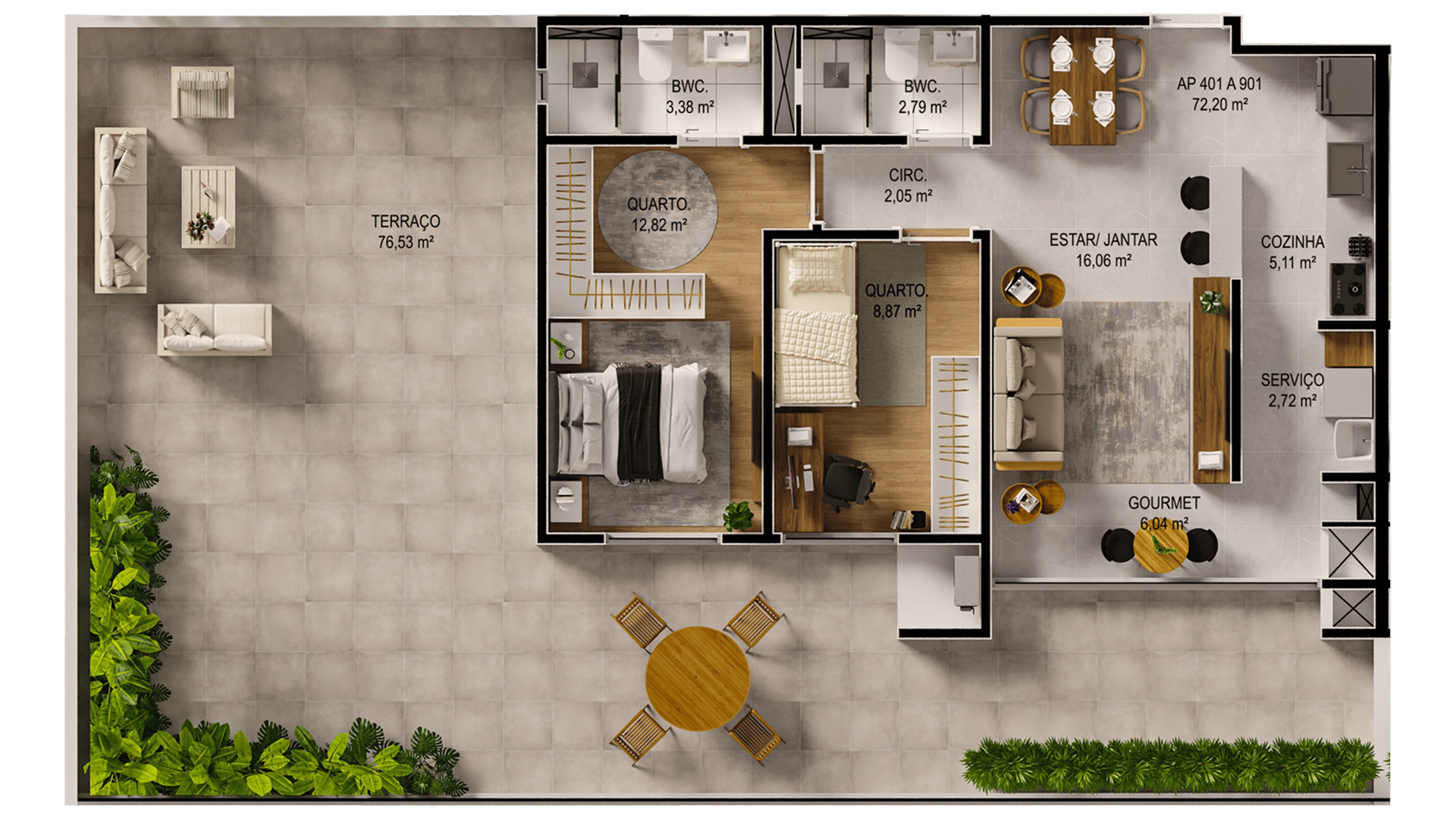 Planta com terraço 72m²